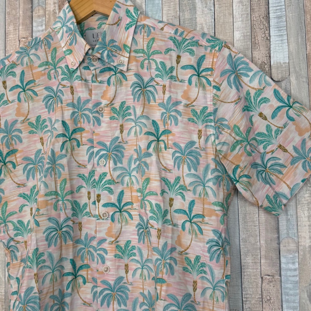 Ledbury M Tailored Fit Mens Pink‎ Tropical Palm Tree Short Sleeve Cotton Shirt